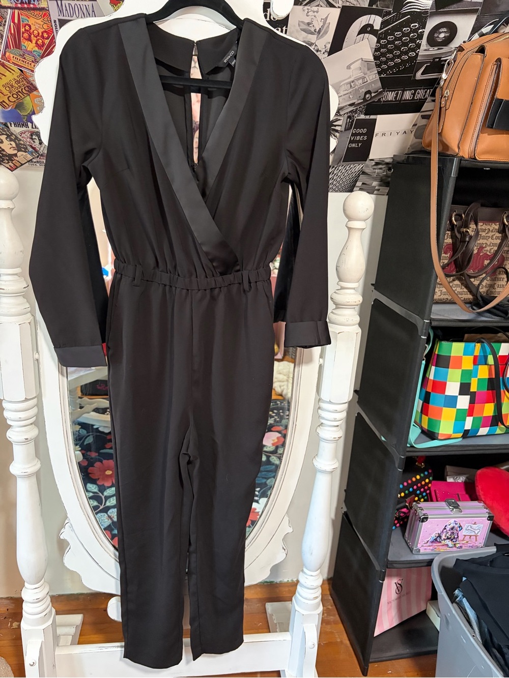 RW&CO. Black V-Neck Long Sleeve Jumpsuit with Satin Trim